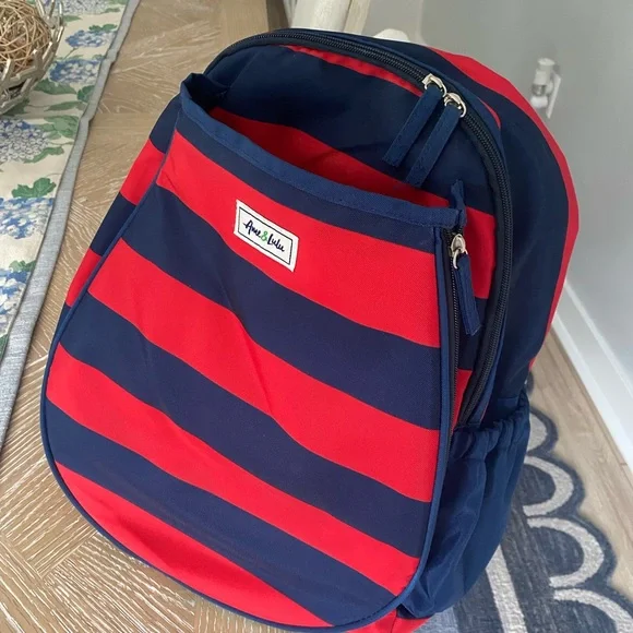 Sporty Red and Blue Striped Tennis Backpack - Picture 1 of 4